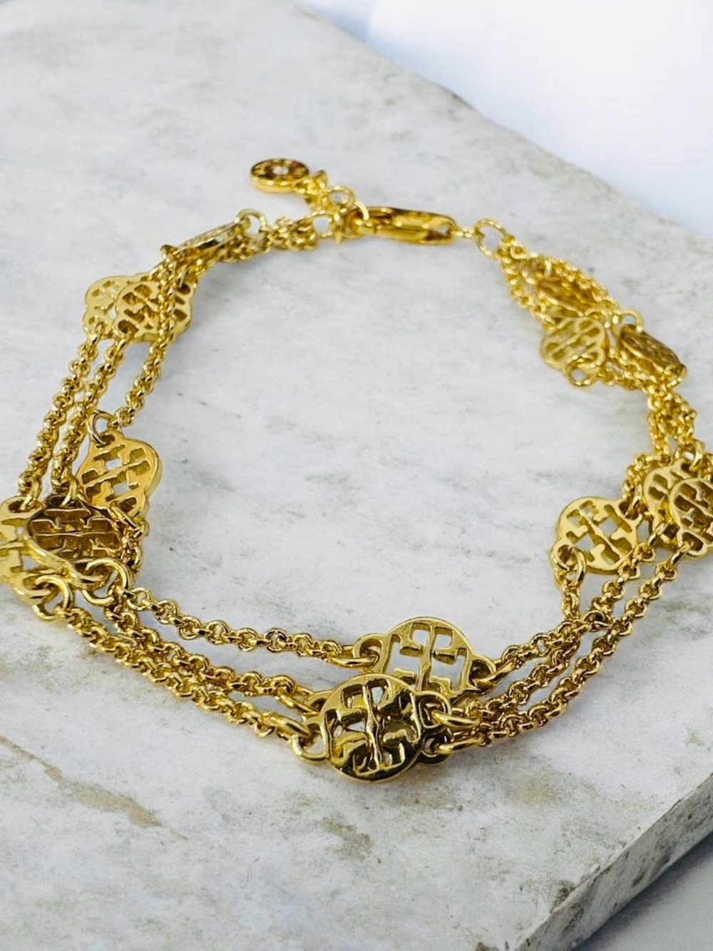 New Auth. TORY BURCH Triple Strand Gold Logo Bracelet with Tag